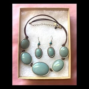 Large Turquoise Stone Brown Leather Cord Necklace and Earings Set